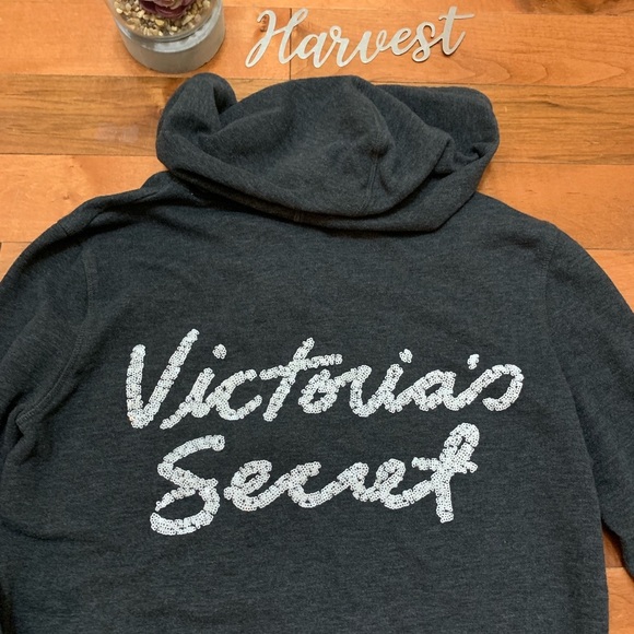 Victoria’s Secret Full Zip Up Hooded Sweatshirt Hoodie With Sequin Logo Size XS - Picture 4 of 5